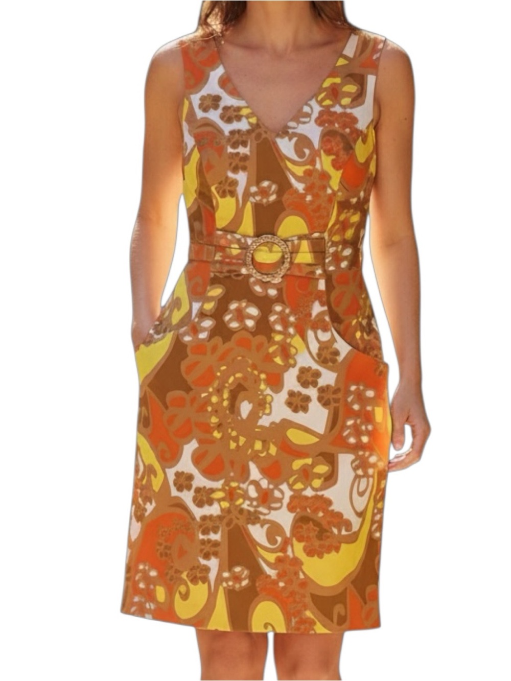 Tahari Arthur S Levine Retro Inspired Orange Floral Dress w/ Pockets 60s Mod
